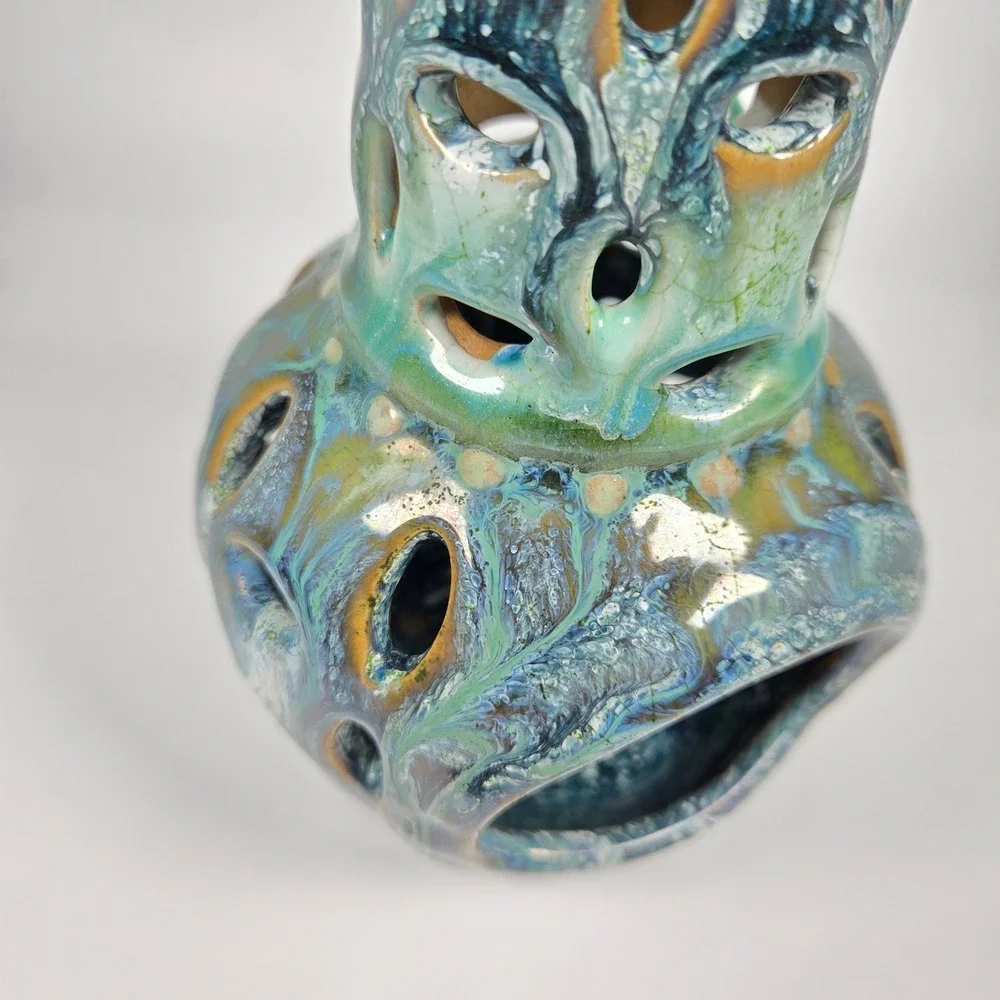 Beautiful‎ Chiminea Handmade Iridescent Glazed Ceramic Candle Holder blue green
